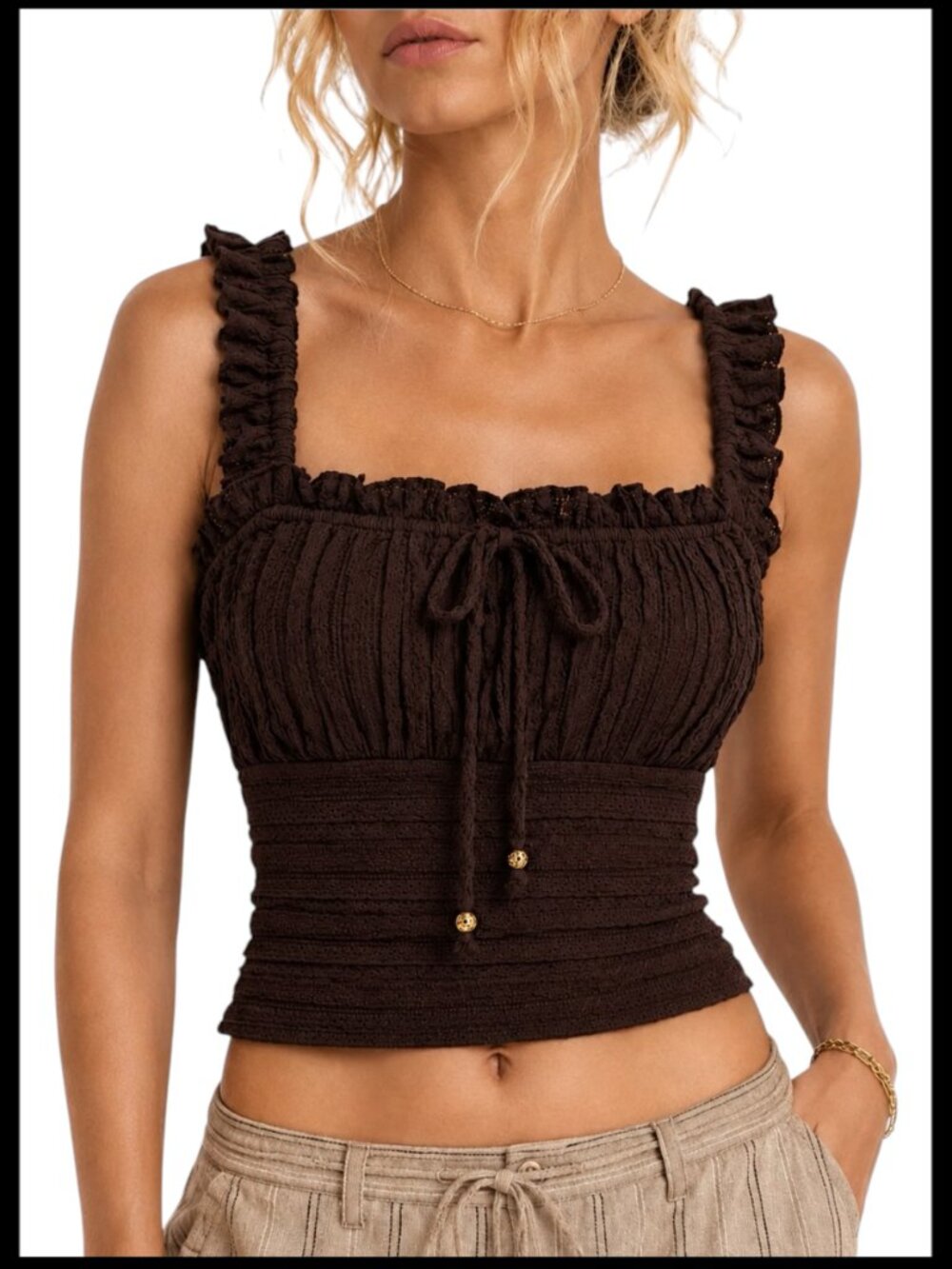 Good Luck Gem Chocolate Brown Ruffle Strap Tie Front Crop Tank XS